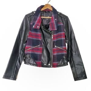 Collection B | Plaid and Vegan Leather Moto Jacket